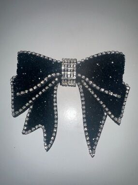 Black Silver Bow Brooch Sparkling Classy Feminine Gala Party Pin Rhinestones